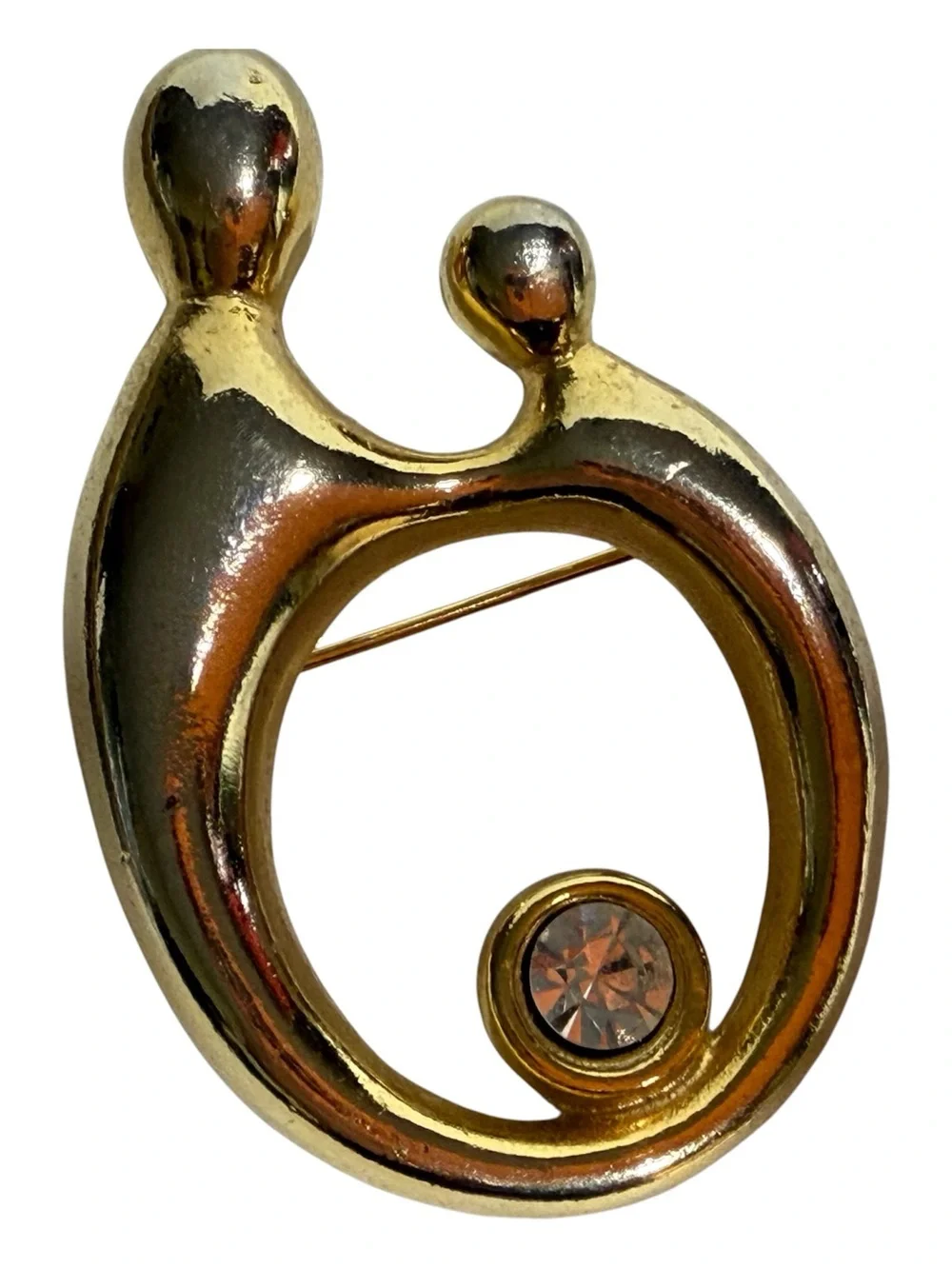 Mother & Child Brooch Stylized Open Round Clear Rhinestone Gold Tone